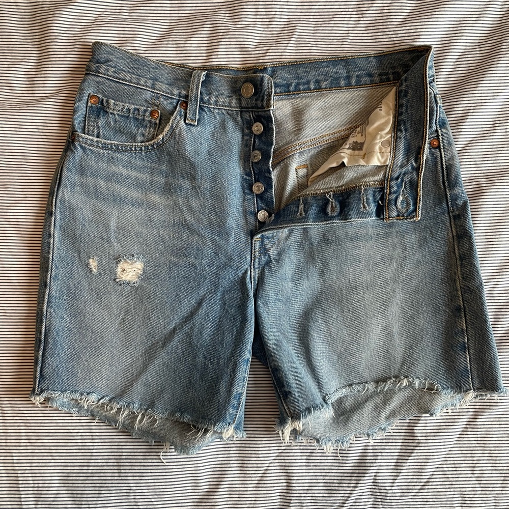Levi's 501® Mid Thigh Womens Shorts Light Blue Distressed